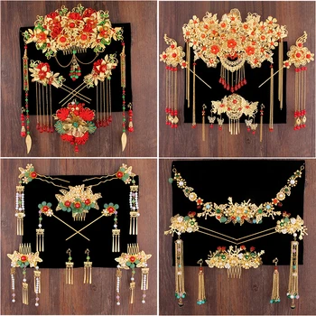Vechi Costum Frizură Căsătoria Tradițională Chineză Rochie de Mireasa Chineză roșu Ornamente de Păr Set Xiu Decor de Nunta 15