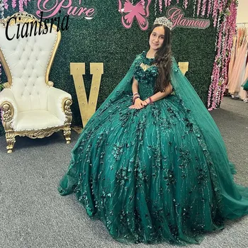 Verde smarald Rochii Quinceanera Rochie de Minge Pe Umăr Cu Pelerine Dulce 16 Fete Printesa vestidos de aniversarea a 15 ñera 4