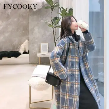 Vinage Plaid Wool Blend Coat pentru Femei Toamna Iarna 2021 coreene Noi Vrac Lung Gros Pulover tricotat Jachete Supradimensionate S-3XL 12