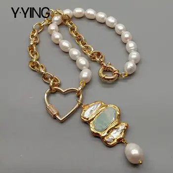 Y. YING naturale Orez Alb de apă dulce Pearl de culoare de Aur Placate cu Lanț Colier statement Biwa Pearl Amazonite Pandantiv 19